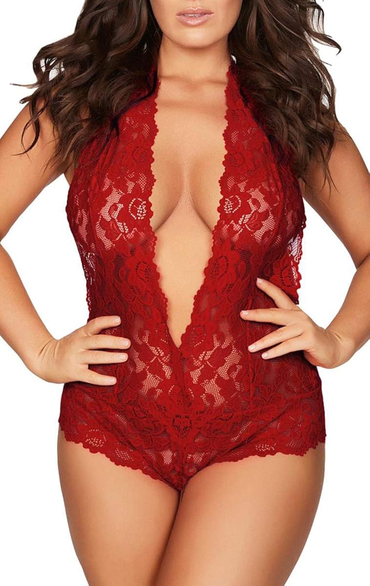 Lingerie for Women Plus Size, Sexy Open Back Halter Plunging Teddy One Piece Scalloped Trim Lace Bodysuit at  Women’s Clothing store
