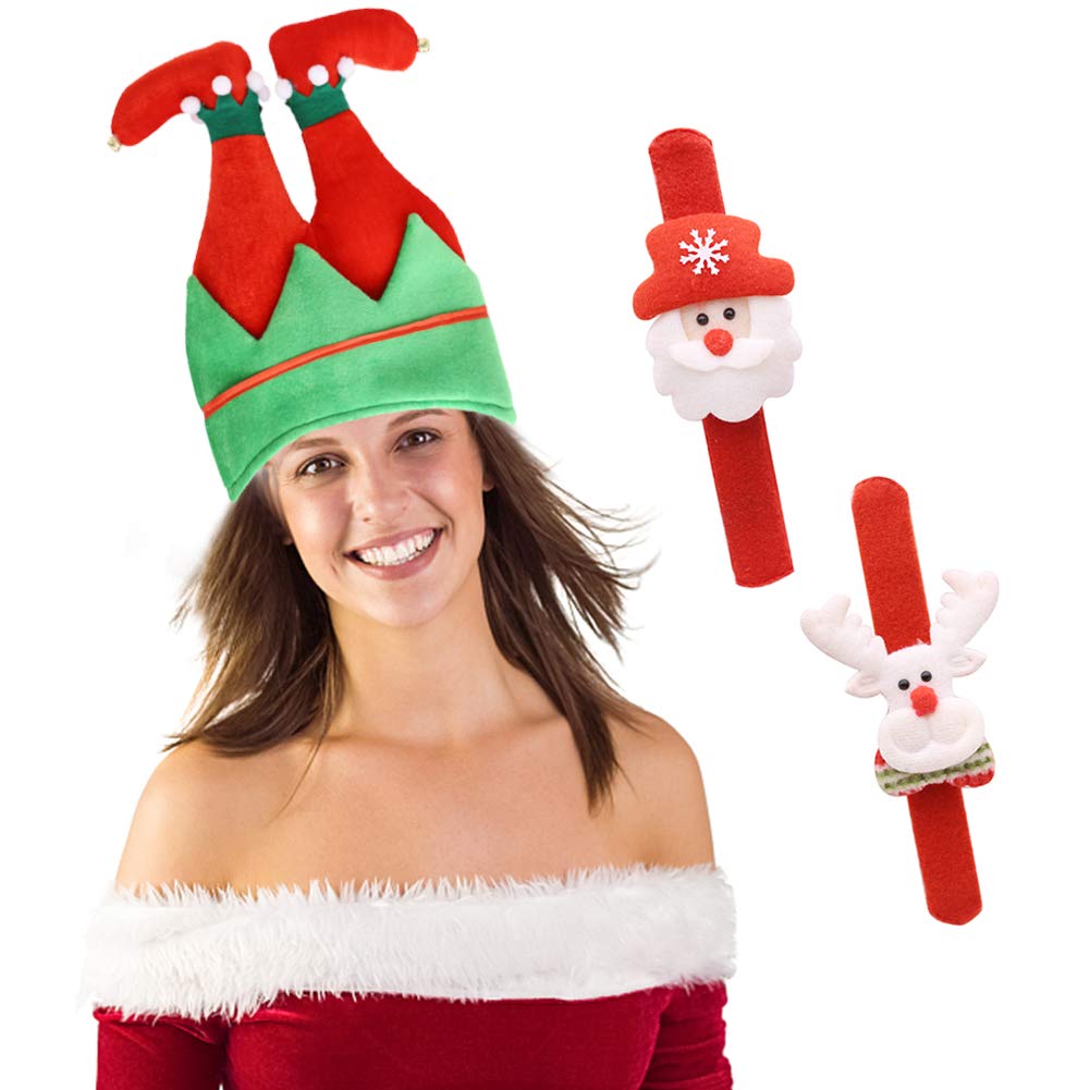 Christmas Elf Hat,3PCS Christmas Party Favors Christmas Slap Bracelets Santa Hats with Jingle Bells Funny Party Hats for Holiday Parties, Bar Crawls, Christmas Gatherings