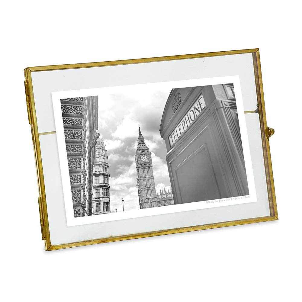 Isaac Jacobs 5x7, Antique Gold, Vintage Style Brass and Glass, Metal, Floating Desk Photo Frame (Horizontal), with Locket Bead Clasp Closure for Pictures Art, More (5x7, Antique Gold, Horizontal)