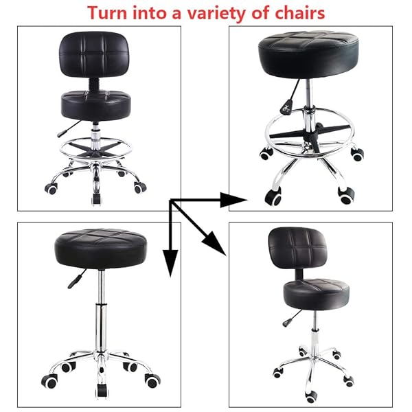 KKTONER SWIVEL ROUND ROLLING STOOL PU LEATHER WITH ADJUSTABLE FOOT REST HEIGHT ADJUSTABLE TASK WORK DRAFTING CHAIR WITH BACK (BLACK)