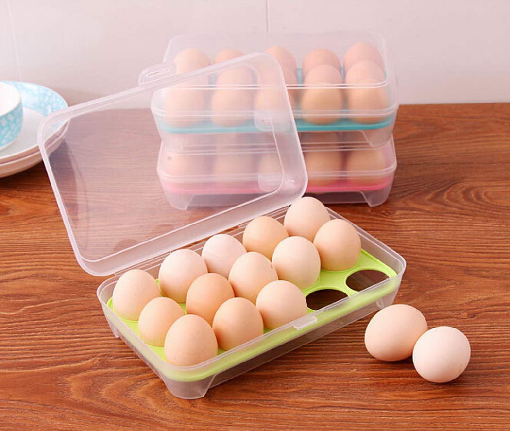 Kitchen Refrigerator Eggs Dispenser, Eggs Storage Box Eggs Holder with Lid, Holder for 15 Eggs (Green)