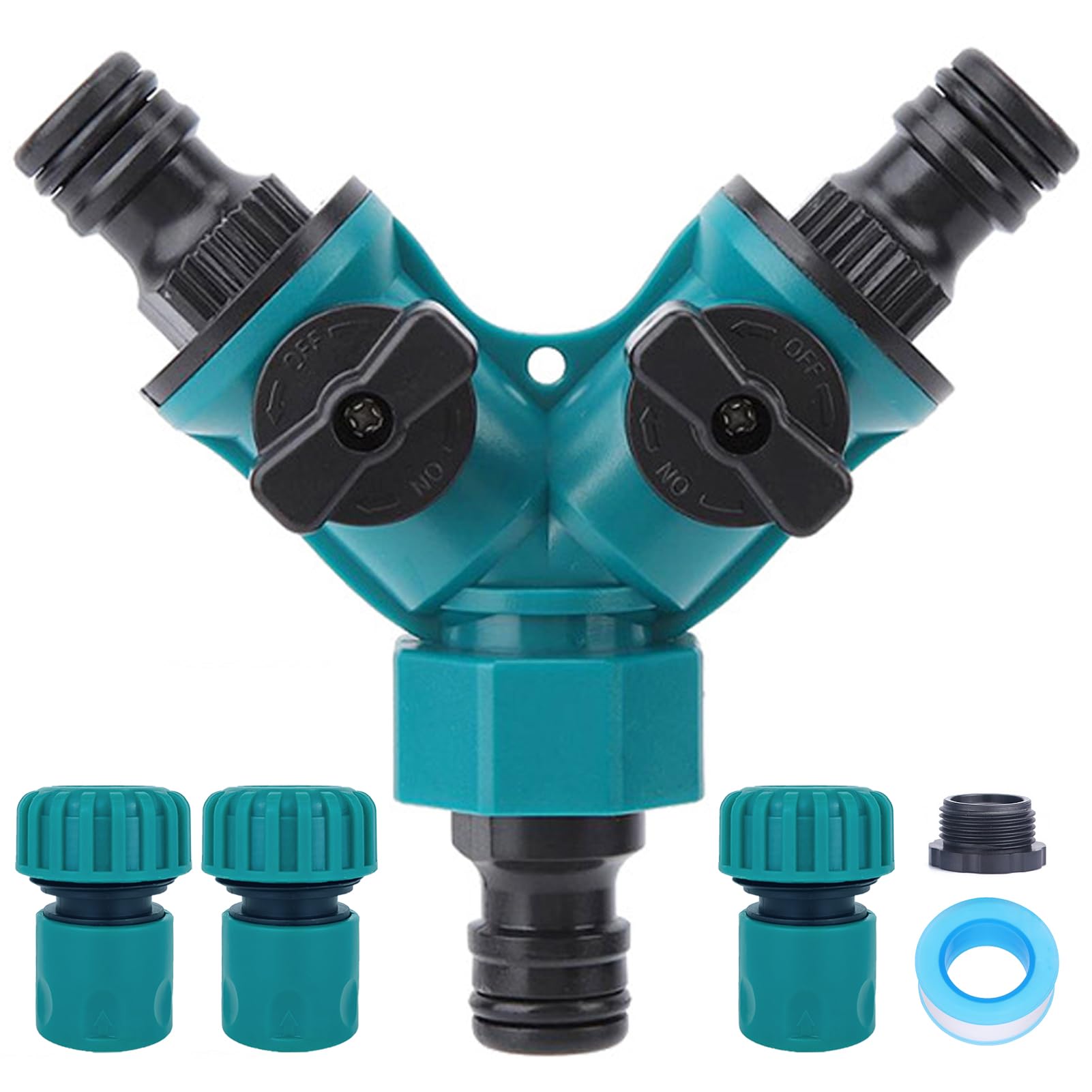 YUANBAO Garden Hose Splitter 2 Way, Y Water Tap Splitter with Individual ON-Off Valves, 3 Way Hose Connector, PTFE Tape, 3pcs 3/4 Inch Hose End Quick Connectors