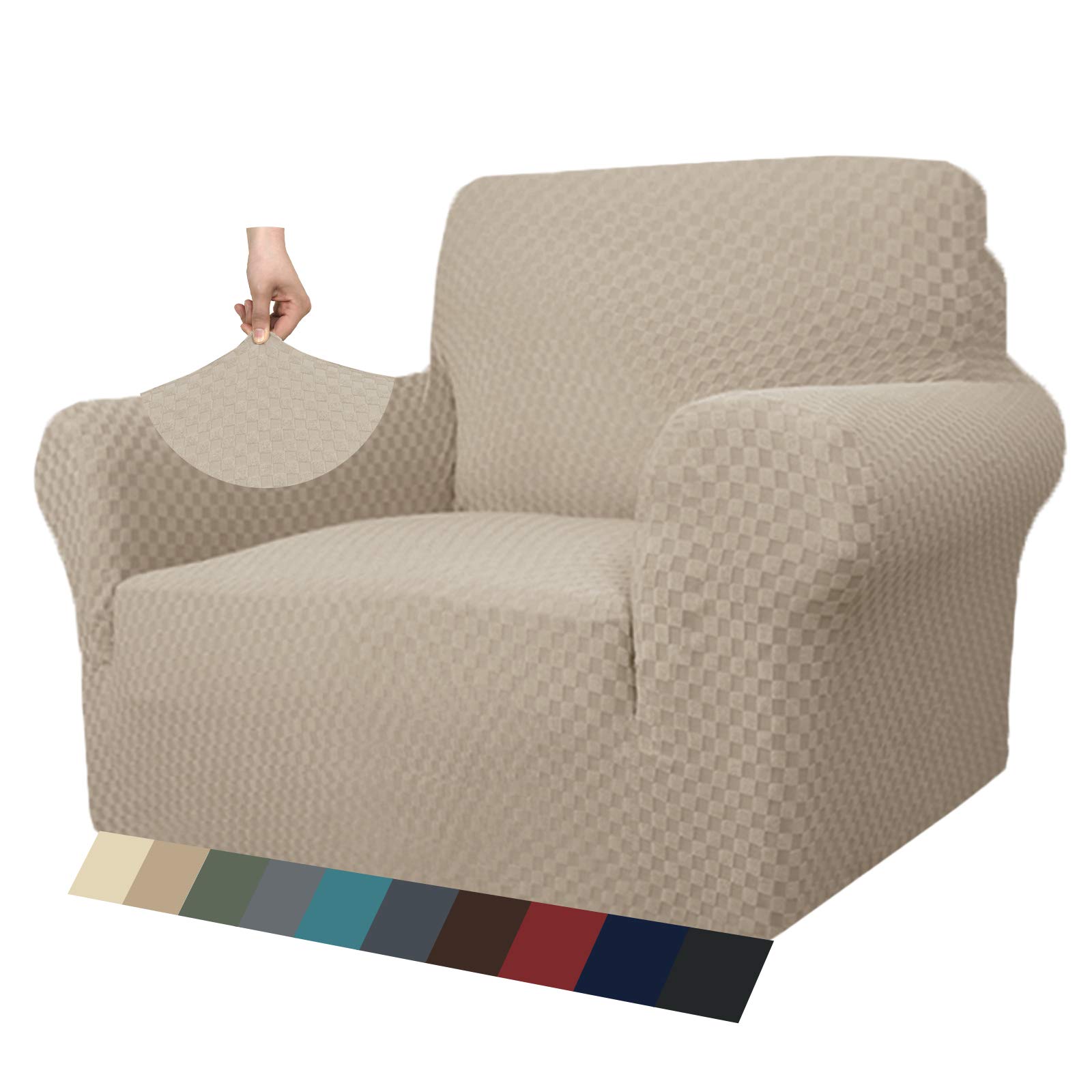 MAXIJIN Newest Jacquard Chair Covers for Living Room, Super Stretch Non Slip Chair Slipcover with Arms Dogs Pet Friendly 1-Piece Elastic Sofa Couch Protector Armchair Cover (1 Seater, Khaki)