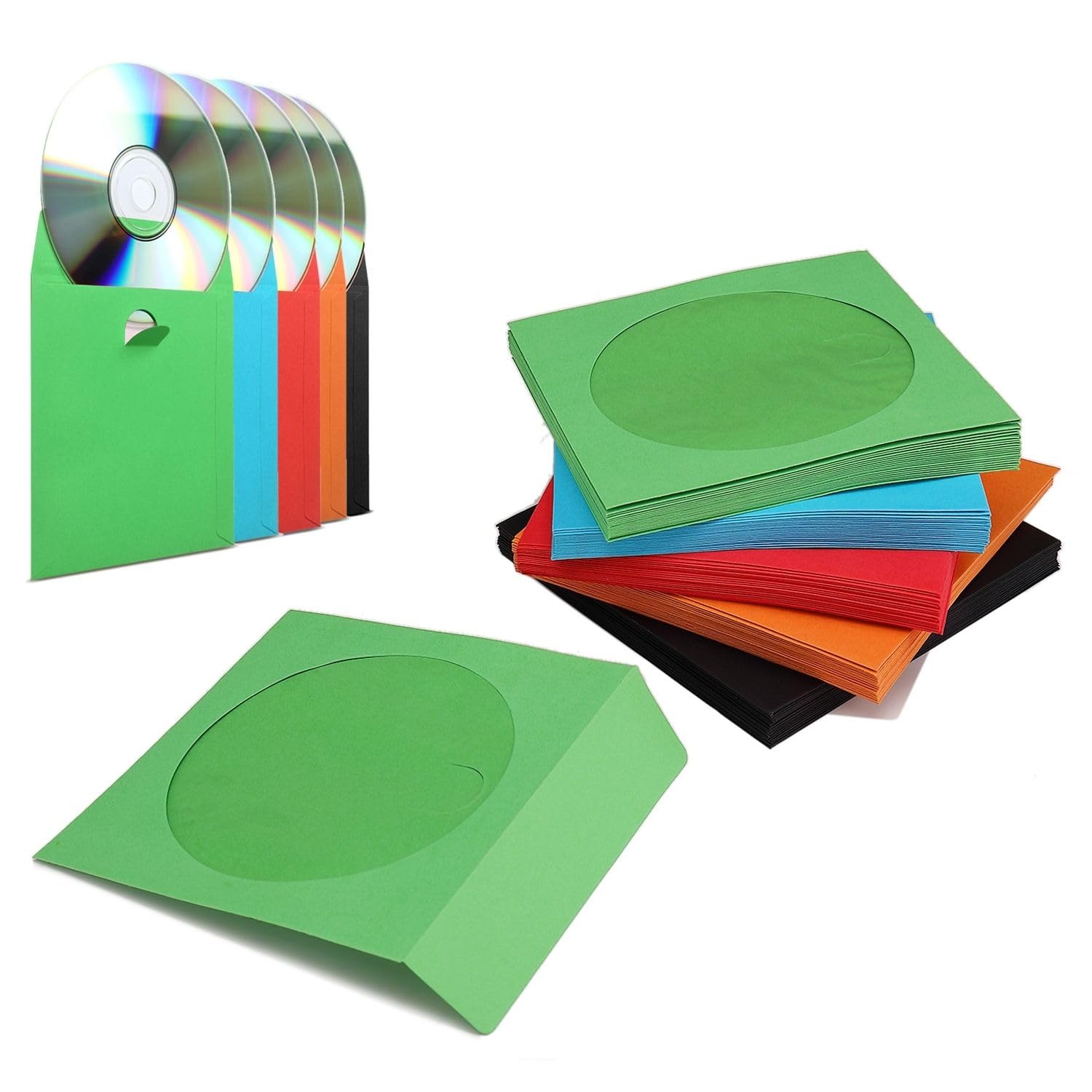 Flexzion DVD/CD Sleeves - 100 Pack Premium Paper Disc Sleeves for Music, Movies, Games - Thick Storage with Window and Flap, 5 Colors โ image 1