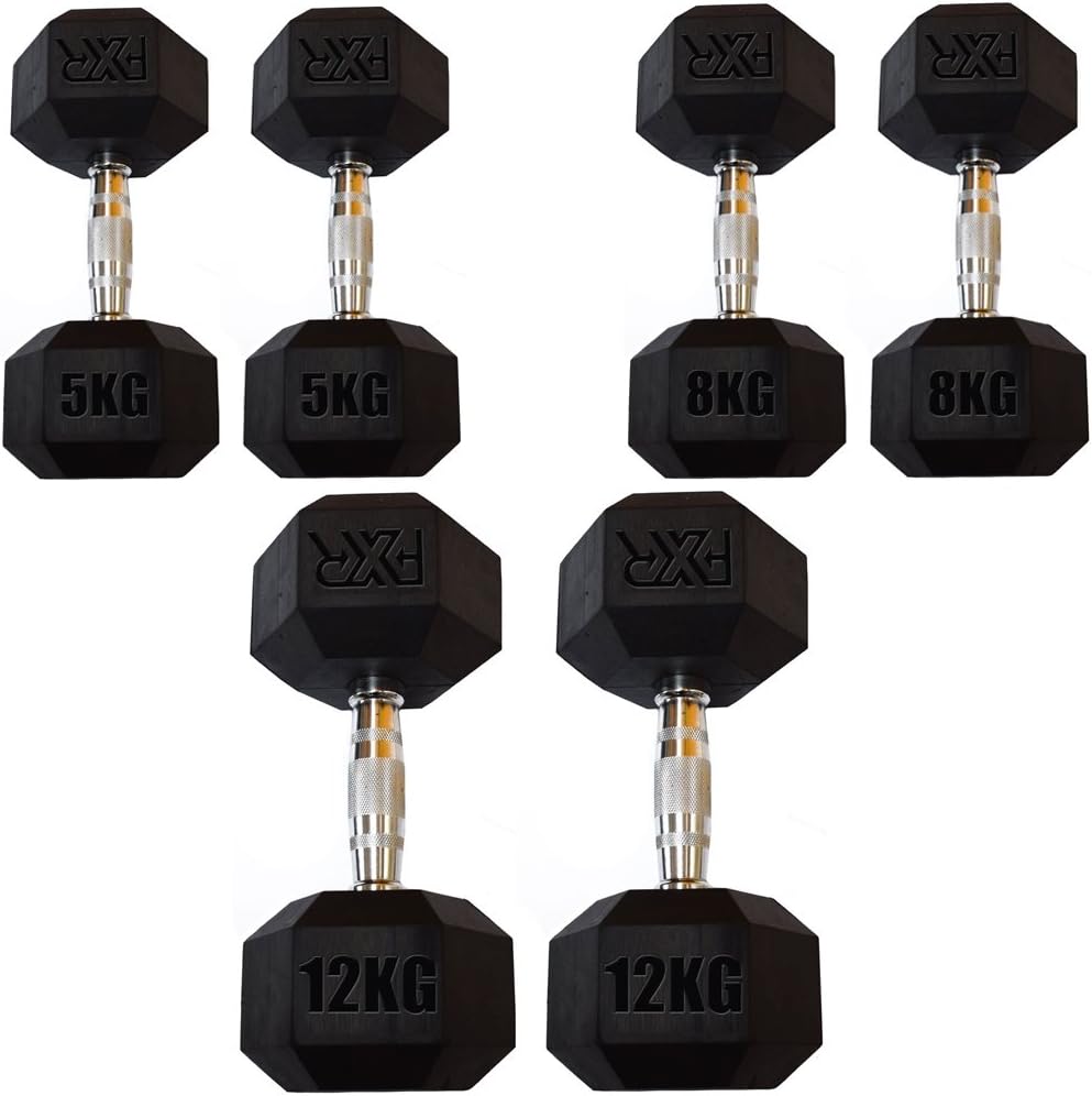 FXR Sports SET OF 6 HEX DUMBBELLS RUBBER HEXAGONAL DUMBBELL 5KG 8KG 12KG