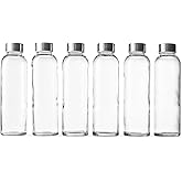Epica Clear Glass Bottles with Lids, 18oz Resuable Glass Water Bottles for Juicing with Stainless Steel Cap to store Milk, Smoothie, etc., 100% Leak Proof, Durable and Dishwasher Safe (Set of 6)