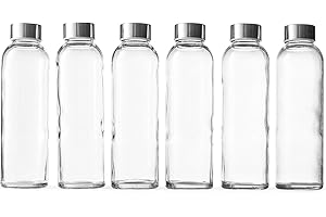 Epica Clear Glass Bottles with Lids, 18oz Resuable Glass Water Bottles for Juicing with Stainless Steel Cap to store Milk, Smoothie, etc., 100% Leak Proof, Durable and Dishwasher Safe (Set of 6)