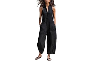 Women's Minimalist Linen Blend Button-Up Stand Collar Sleeveless Loose Jumpsuit Casual One Piece Outfit with Pockets