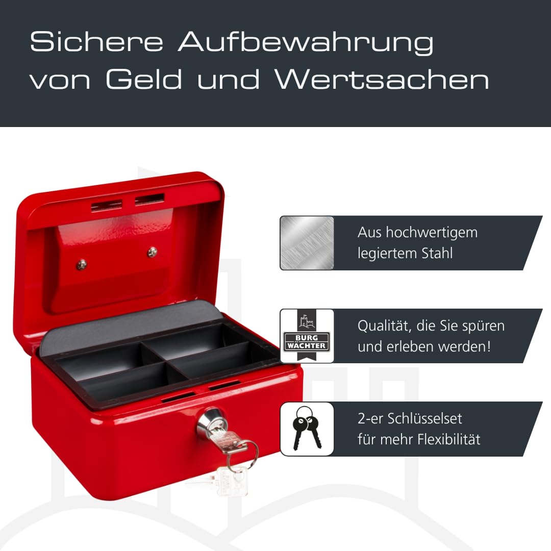 Burg-Wächter 40040 Geldkassette abschließbar mit Schlüssel und Hartgeldeinsatz, Klein, Stahlblech, Money 5015, Rot 4