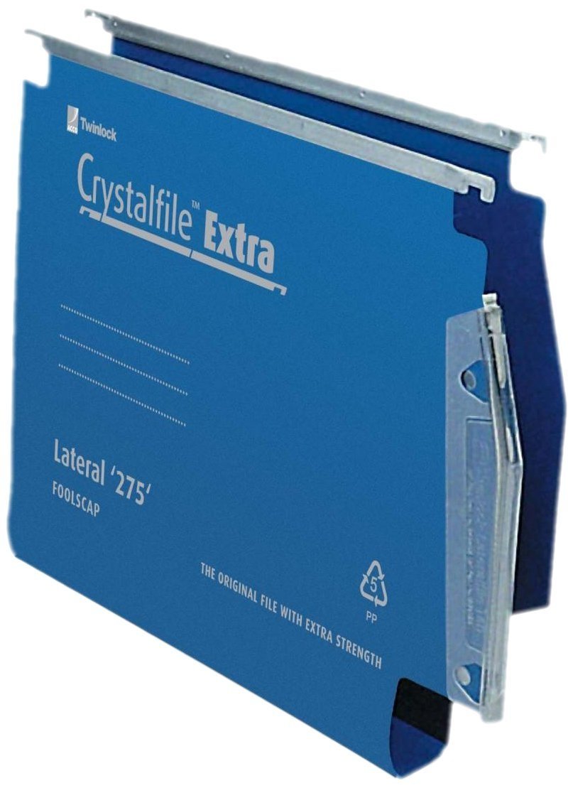 Rexel 275 Lateral Hanging Files with Tabs and Inserts, 50 mm base, Polypropylene, Blue, Crystalfile Extra, Pack of 25, 71765 — image 1