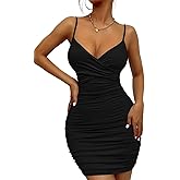 TREEOFFCISE Women's 2024 Wrap V Neck Dress Sleeveless Ruched Bodycon Sexy Dress Ladies Party Cocktail Club Fashion Dress
