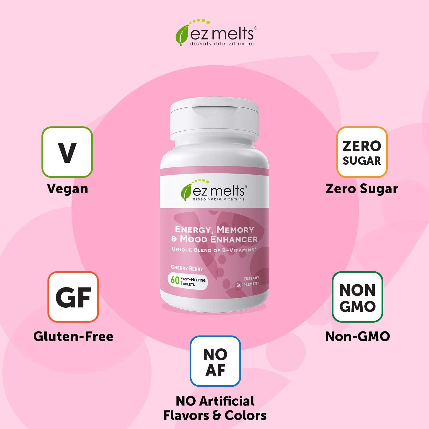 EZ Melts Energy Memory & Mood Enhancer, Methylated B-Complex, Sublingual Vitamins, Vegan, Zero Sugar, Natural Cherry Flavor, 60 Fast Dissolve Tablets: Health & Personal Care