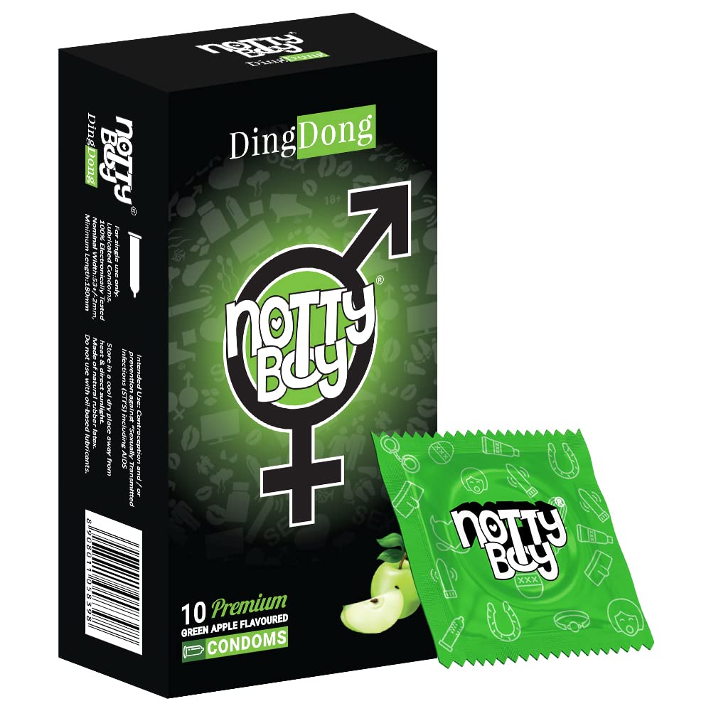 NOTTY BOY Extra Thin Green Apple Flavoured Condoms – Pack of 10 | Natural Latex Condoms for Men