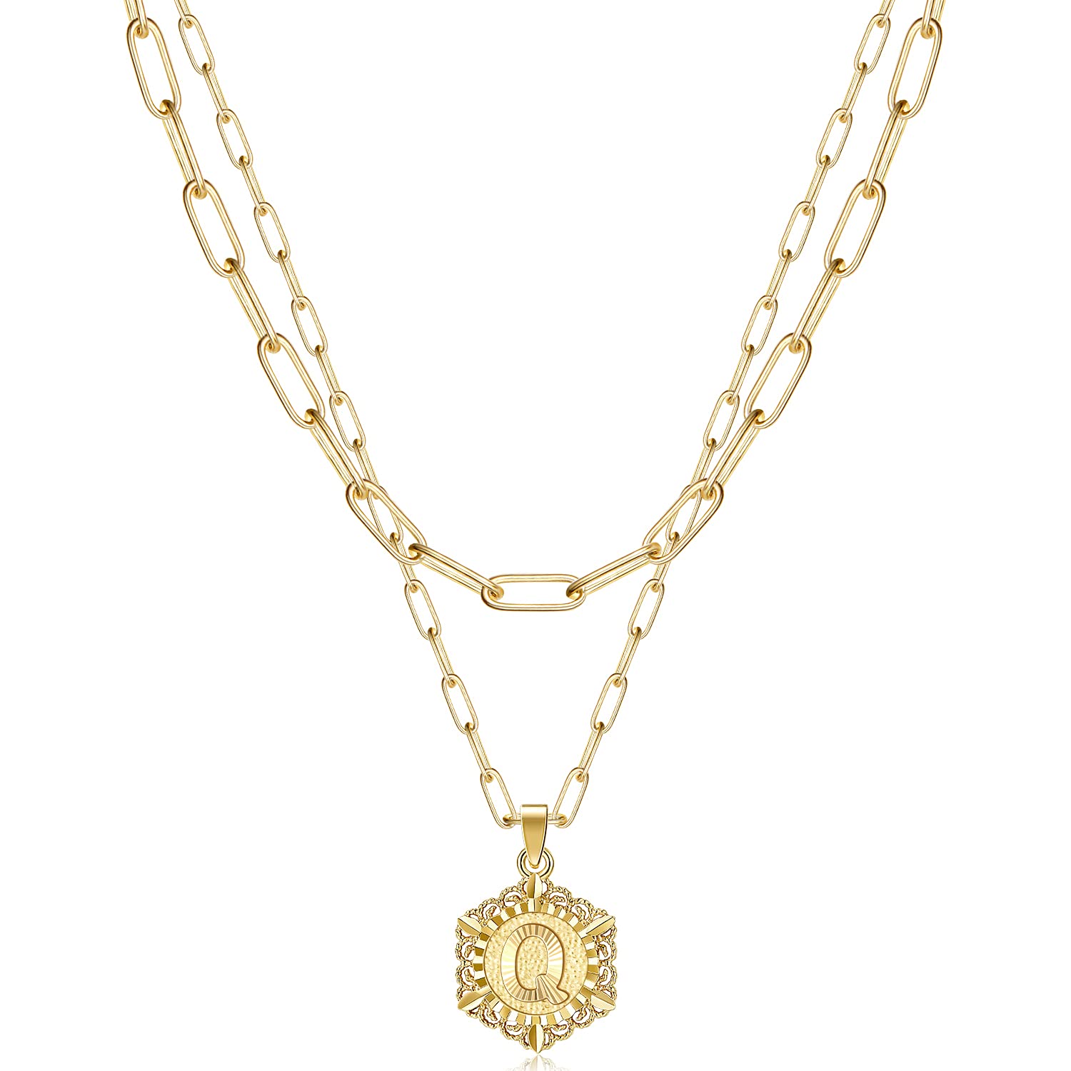 KissYan Initial Necklaces for Women, 14K Gold Plated Hexagon Letter Pendant Silver Chain Dainty Layered White Gold Paperclip Link Adjustable Capital A-Z Choker Necklace Trendy Jewelry Gifts