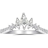 Rhodium Plated Sterling Silver Tiara & Crown Dainty Curved Wedding Band Ring Marquise Cut 3-Stone V Arched Promise Ring