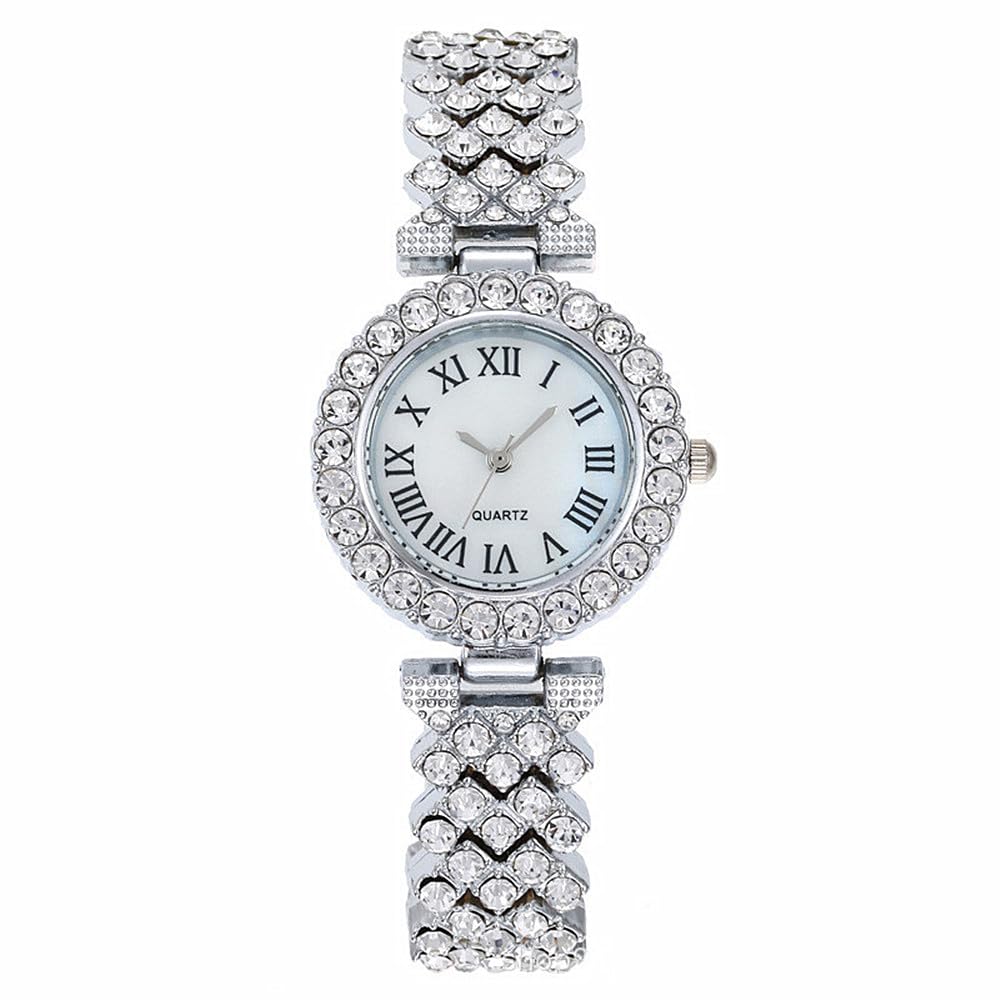 MINILUJIA Women Luxury Stainless Steel Quartz Analog Watches Artificial Crystal Shining Bling Starry Sky Small Round Dial Dress Wrist Watches, silver, Luxury