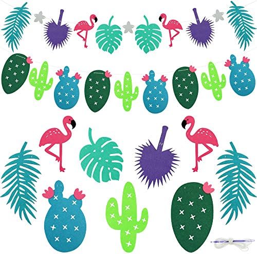 Bilipala Flamingo Cactus Tropical Leaves Banner Garland For Room Decoration Luau Hawaiian Summer Beach Party Supplies, 2 Pack