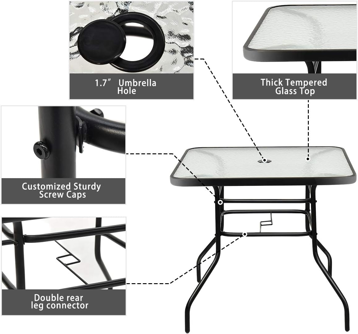 Tangkula Patio Table Outdoor Garden Balcony Poolside Lawn Glass Top Steel Frame All Weather Dining Bistro Table (Square Black 32"): Kitchen & Dining