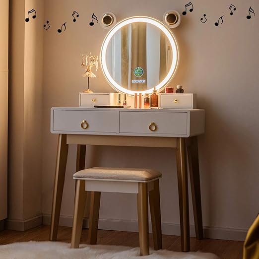 Amazon Com Charmaid Vanity Set With Lighted Mirror And Wireless Speaker 3 Color Touch Screen Dimming Mirror With Display 4 Drawers With Jewelry Organizer Bedroom Makeup Dressing Table With Cushioned Stool Kitchen