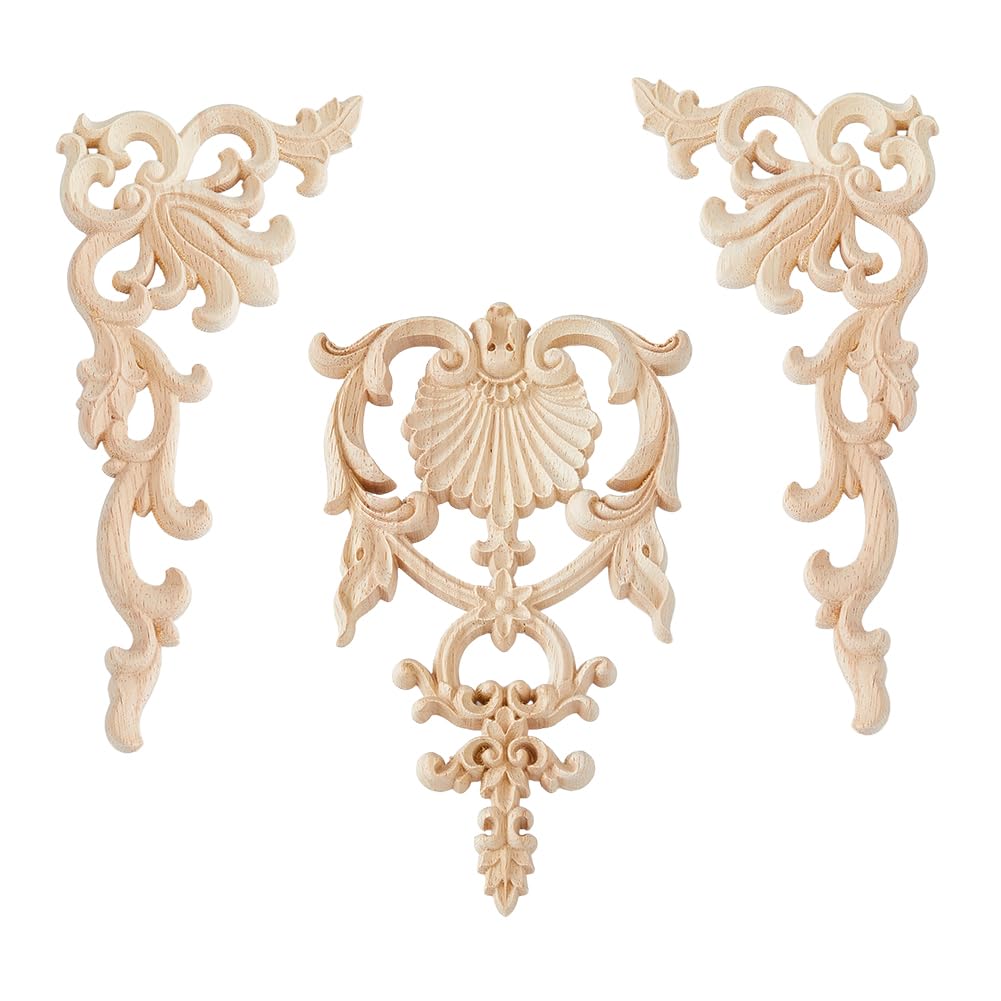 SUPERFINDINGS 3Pcs 2 Style Natural Wood Carved Onlay Applique Craft Log Color Unpainted Home Furniture Decor Classical Pattern Natural Solid Decorative Wood Carved for Walls Decor