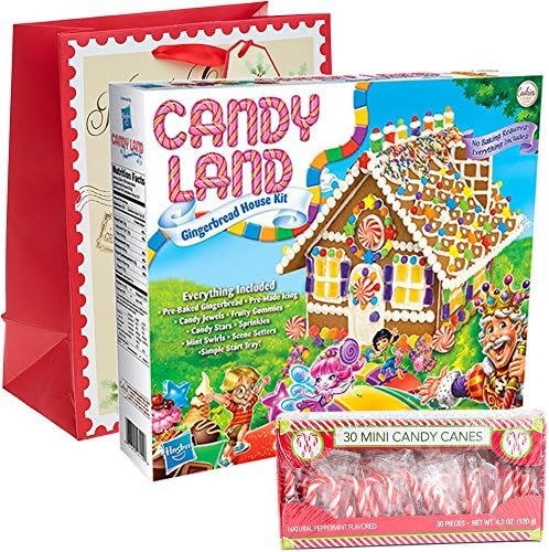 Candyland Gingerbread House Kit Pre-baked + Pack of 30 Mini Peppermint Candy Cane + Holiday Themed Gift Basket Bag | Build It Yourself DIY Kit Fruity Gummies Mint Swirls Pre-made Icing Sprinkles Tray