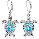 Turtle Earrings Blue Opal Tree of Life Sea Turtle Earrings for Women Sterling Silver Leverback Drop Dangle Hawaiian Ocean Jewelry