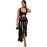 Women's Sexy Sleeveless Hollow Out Maxi Dress Tassel See Through Backless Bodycon Party Club Long Dress