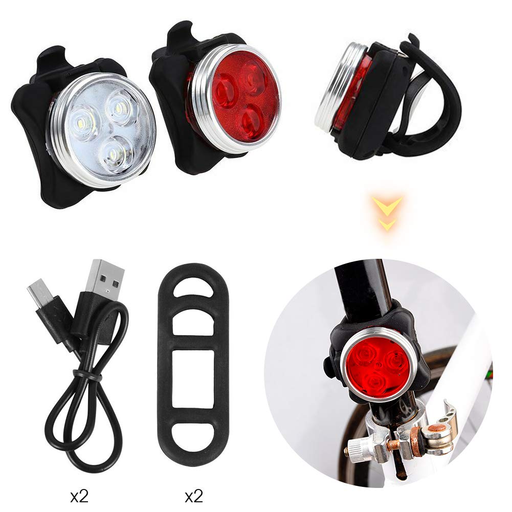 USB Rechargeable Bike Light Set, Super Bright Front Headlight and Rear LED Bicycle Light, 4 Light Mode Options, Water Resistant IPX4(2 USB Cables and 2 Strap Included)