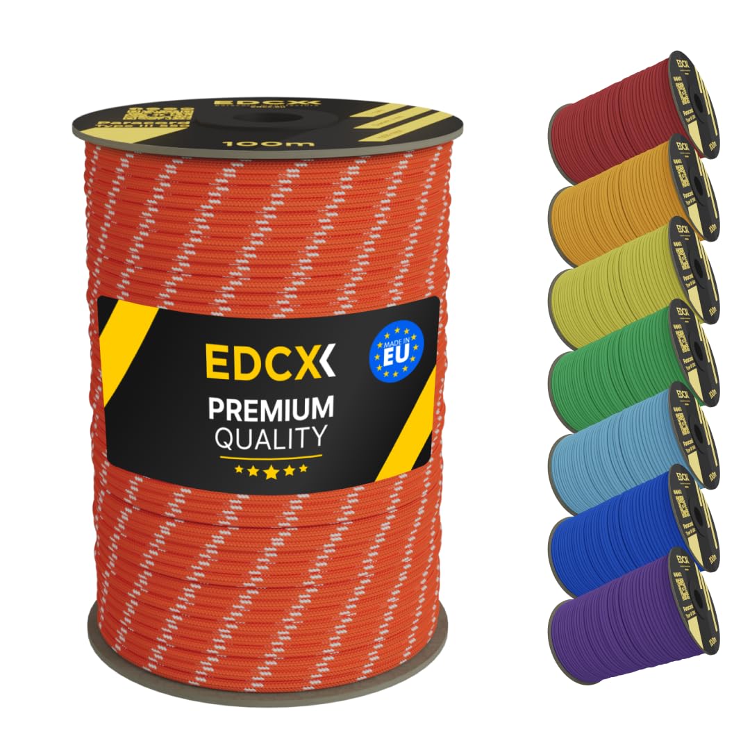 EDCX 4mm Nylon Paracord 550 100m (330 feet) | Ideal for Camping, Survival, Outdoor, Crafting, DIY | 100% Nylon Rope 4mm | Paracord 550 Type III in Solid Color (Reflective Sofit Orange, 100 m)