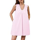 Livtany Women's Scoop Neck Babydoll Cute Mini Dress Flowy Sleeveless Short Dress Ruched Loose Fit Summer Dresses with Pockets