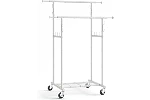 Gewudraw Double Rod Garment Rack, Heavy Duty Rolling Clothes Rack with Wheels For Hanging Clothes, Portable Metal Clothing Rack with Shelves,White, 64.2in Chrome