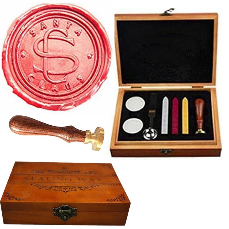 MNYR Vintage Santa Claus Sealing Wax Seal Stamp Kit Melting Spoon Wax Stick Candle Wooden Book Gift Box Set Wedding Invitation Embellishment Holiday Card Gift Wrap Package Gift Idea Seal Stamp Set