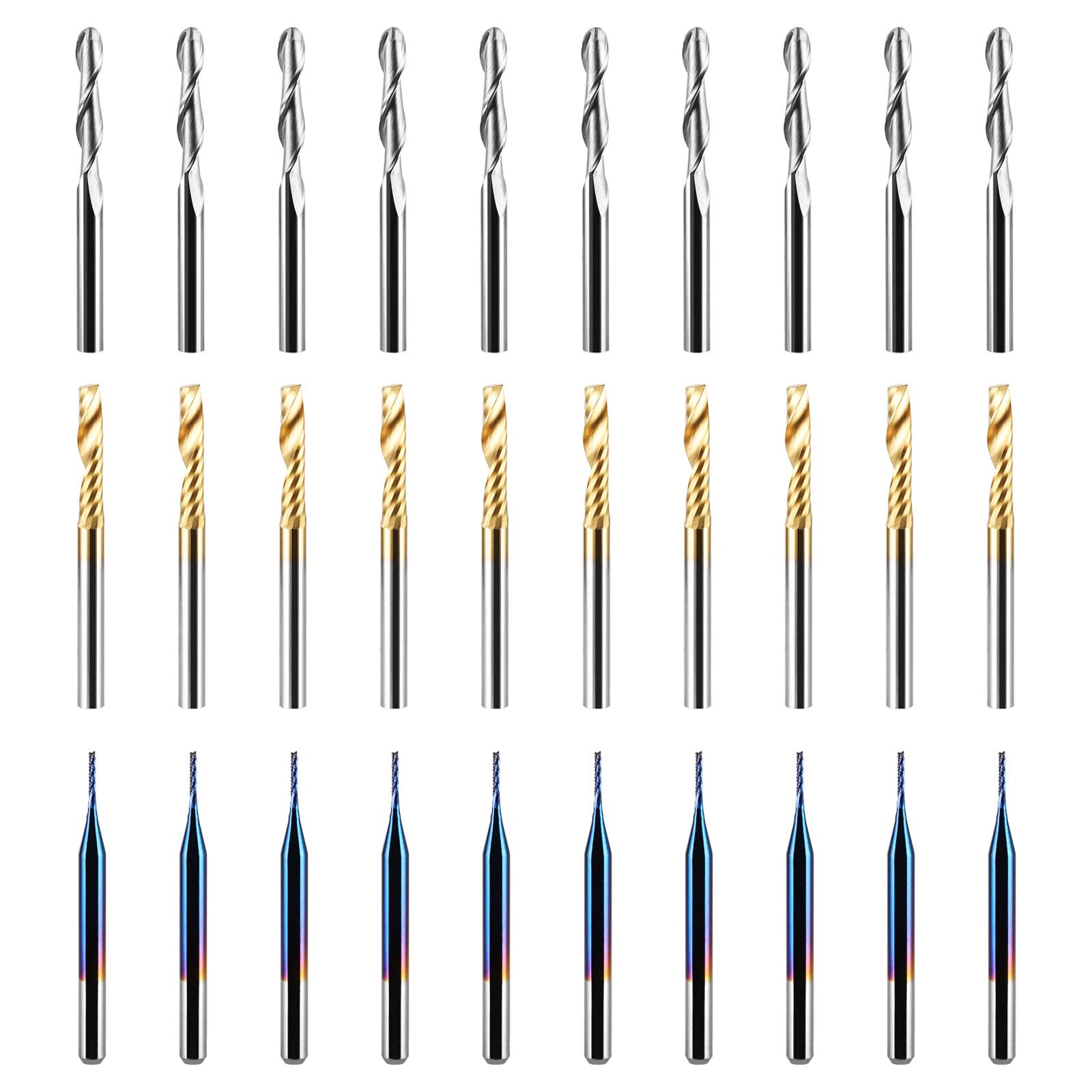 30pcs End Mills CNC Router Bits, 1/8'' Shank, Spiral Upcut O Flute Titanium Coat End Mill, 2-Flute Ball Nose End Mill & Corn-Shaped Nano Blue Coat CNC Bits, MC30A