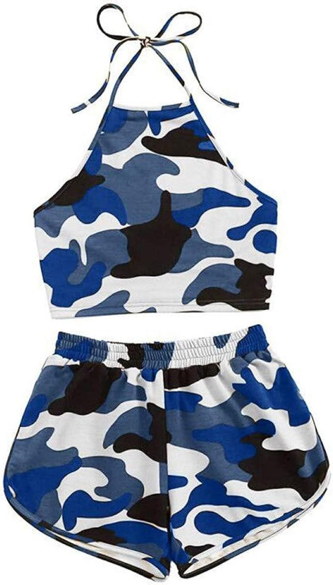 blue crop top and high waisted shorts