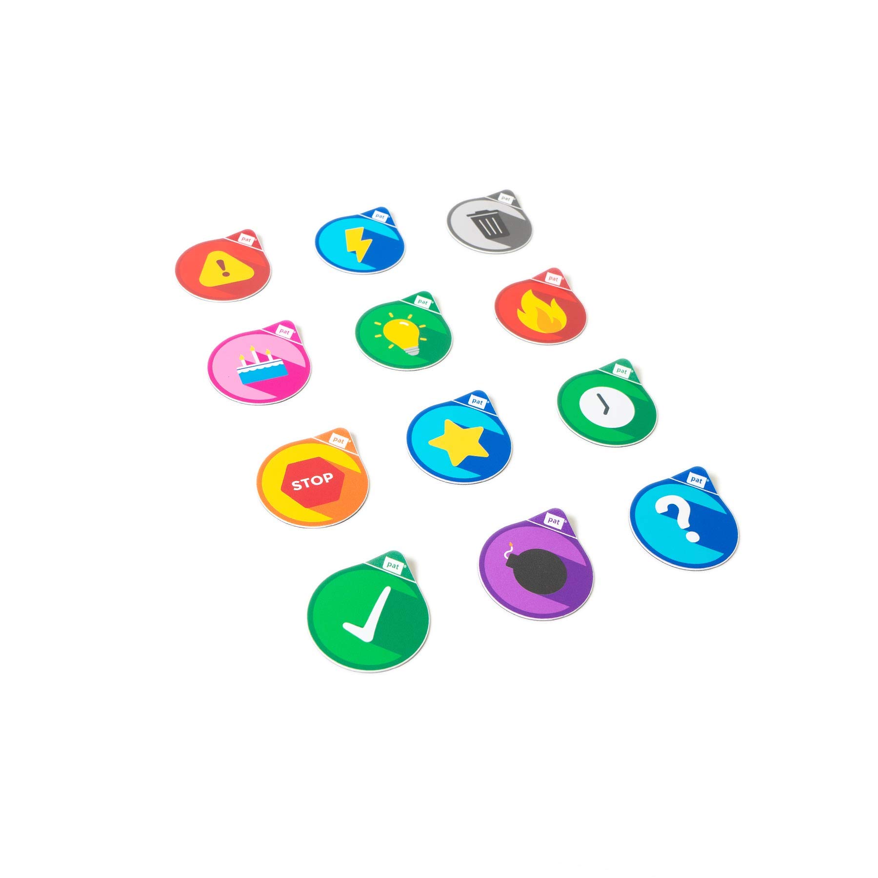 PATboard Lean Icon Magnets - 5 cm, Set of 12 - Checkmark, Star, Trash, Questionmark, Thunder, Idea, Bomb, Clock, Warning, Stop, Celebrate & Fire icon - Magnetic Status Icons for Office Whiteboard