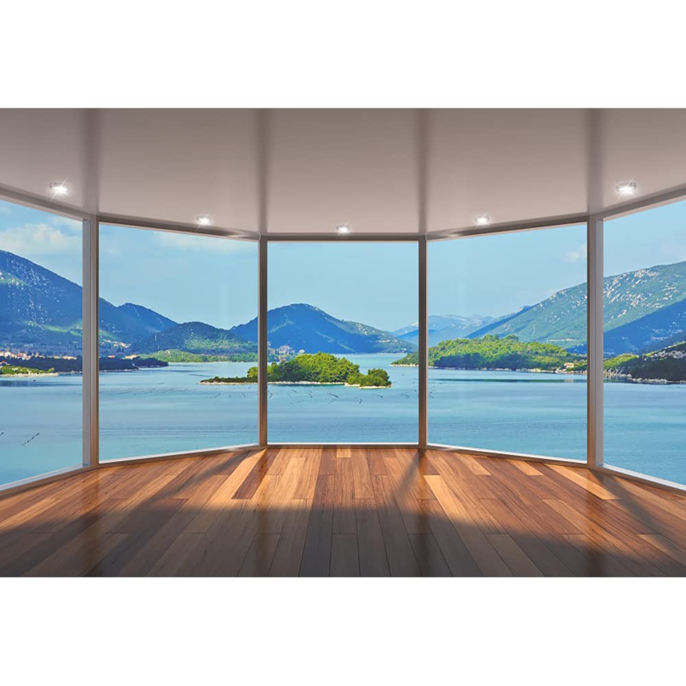 Aoihrraan 10x8ft Sea View Room Backdrop Office Sash Window Mountains Island Wood Floor Photography Background Work at Home Video Meeting Decor Banner Business Man Woman Portrait Photo Studio Props
