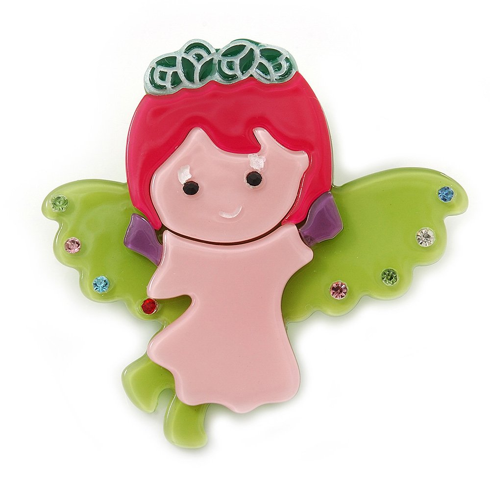 Baby Pink/Lime Green/Magenta Austrian Crystal, Acrylic 'Little Angel' Brooch - 50mm Length
