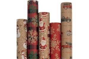 JAM Paper Assorted Gift Wrap - Christmas Kraft Wrapping Paper - 125 Sq Ft Total - Kraft Christmas Set - 5 Rolls/Pack