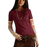 calbatic Women Waffle Knit Floral Cuffs Long Sleeve T Shirt Crew Neck Loose Fit Top Casual Fall Tee Top