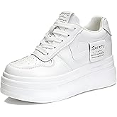 JYSGYLT 3 inch Platform Sneakers for Women - Chunky White Leather Shoes with 5.5cm Heel & 2cm Platform Shoes, Cushioning Comfortable Footwear for Walking, Casual Women's Fashion Sneakers Non slip sole