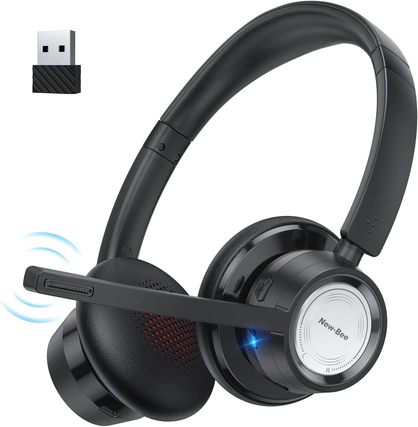 New Bee Wireless Headset, Bluetooth Headset with Microphone Noise Canceling & USB Dongle 20hrs Talk time & Mute Button for Work/PC/Office/Zoom/Skype(Black)