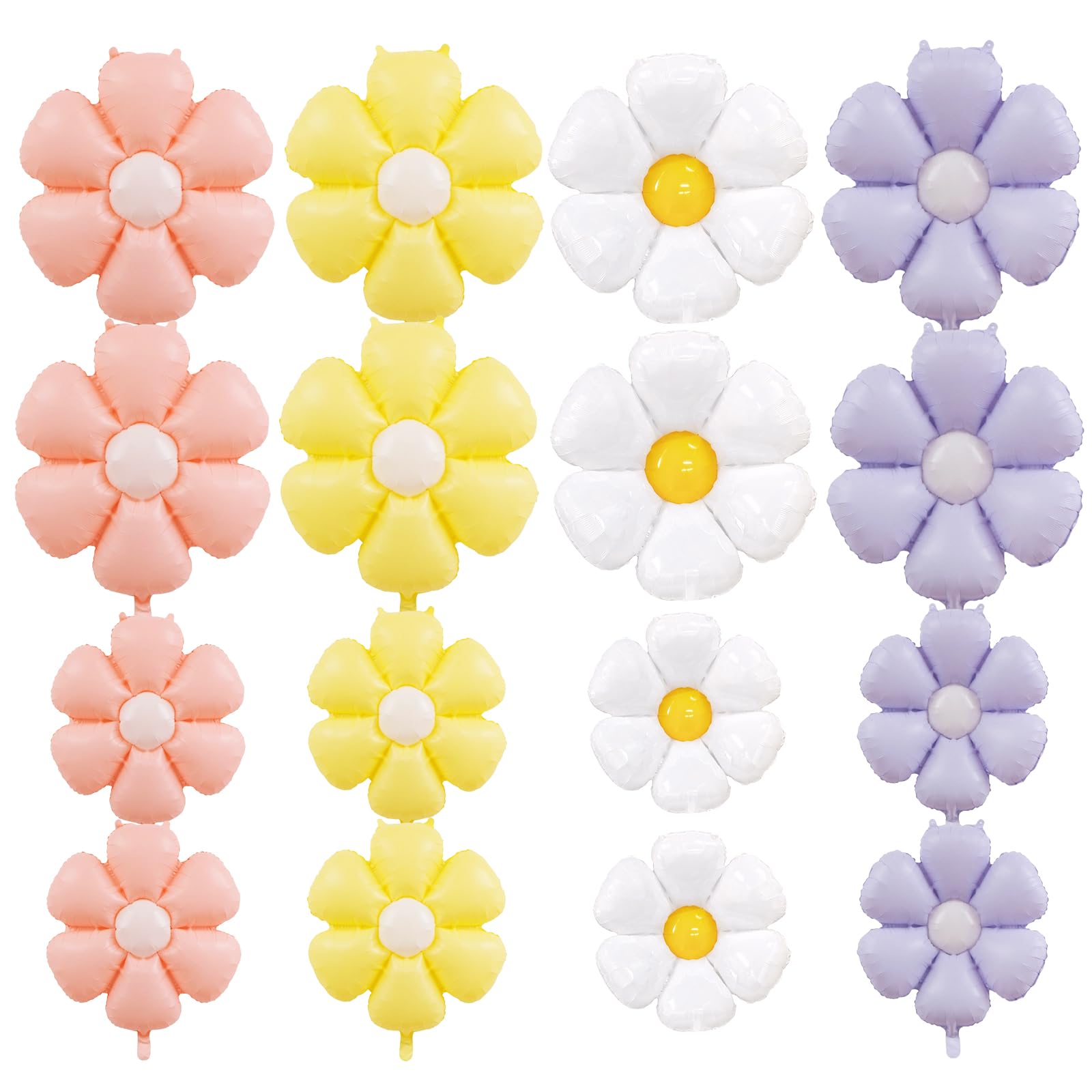 Photo 1 of 16 Pieces Daisy Foil Balloons – 4 Colors 21 & 12 Inches Boho Flower Mylar Balloons in Pink, White, Yellow, and Purple for Spring Groovy Party, Baby Shower, Garden Birthday, Floral-Themed Decorations