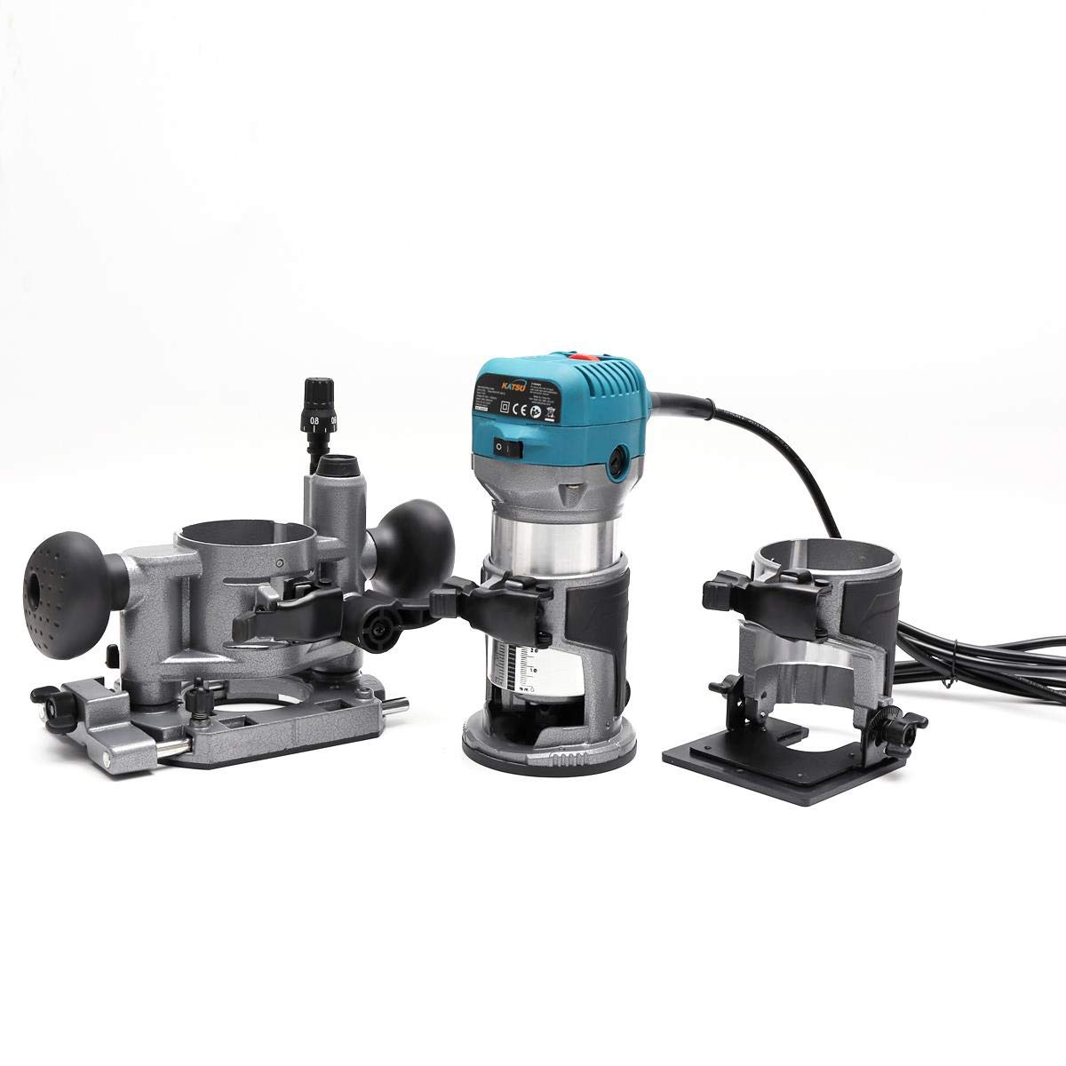 KATSU Electric Hand Wood Trimmer Laminator Router Joiners Tool Set 220V 710W with 3 Bases (Trimmer, Plunge, and Tilt) + 2 Chucks Collets 1/4" and 3/8"