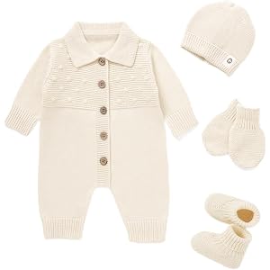 Cotton Baby Sweater Knit Romper Newborn Infant Outfit Hat Mittens Booties | 4 Psc Soft Breathable Coming Home Baby Gift LongS