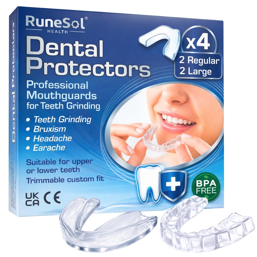 Runesol Mouth Guard for Grinding Teeth, 4 x Mixed that Includes 2 Regular and 2 Large Gum Shield for Teeth Grinding, Bruxism Mouthguard, Night Tooth Guard for Adults, Class 1 Medical Device UKCA CE