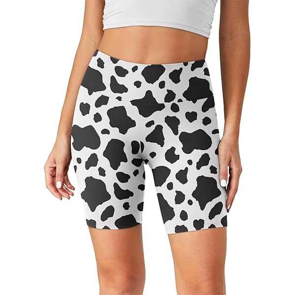 BIGCARJOB Black Cow Print High Waisted Biker Shorts for Women