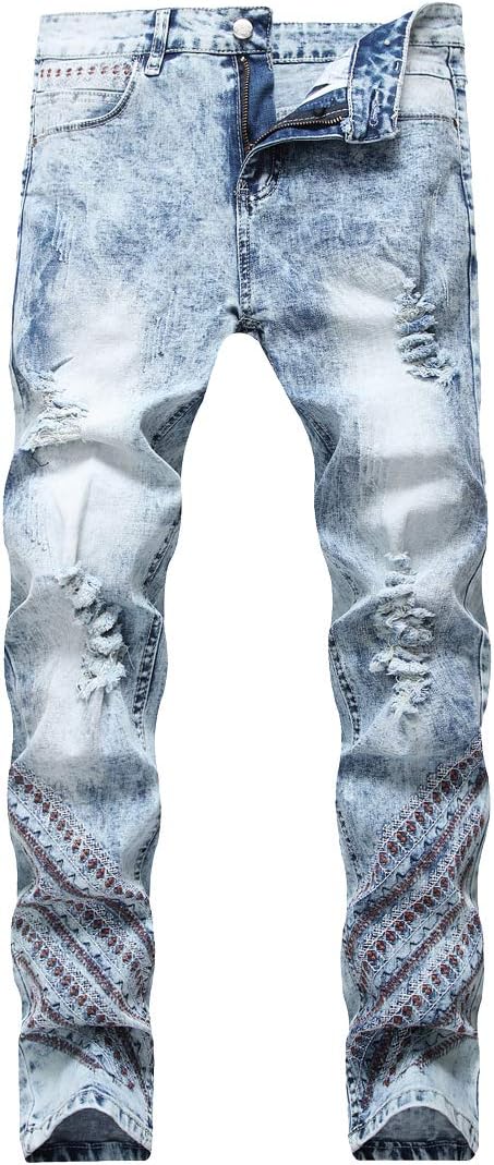 Chowsir Men Vintage Skinny Stretch Ripped Jeans Straight Denim Pants