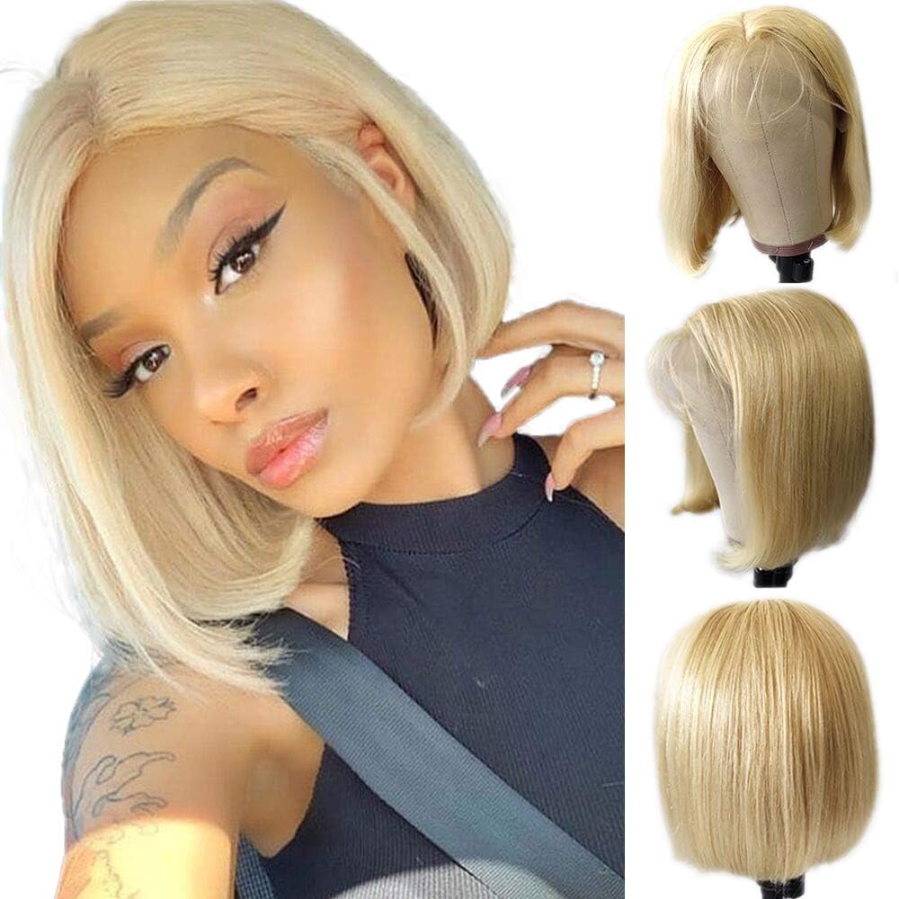 Jessica Hair #613 Blonde Wigs Short Bob Lace Front Wigs Human Hair Wigs For Black Women Silky Straight Lace Wigs Pre-Plucked Hairline Full Ends With Baby Hair(10 Inch)