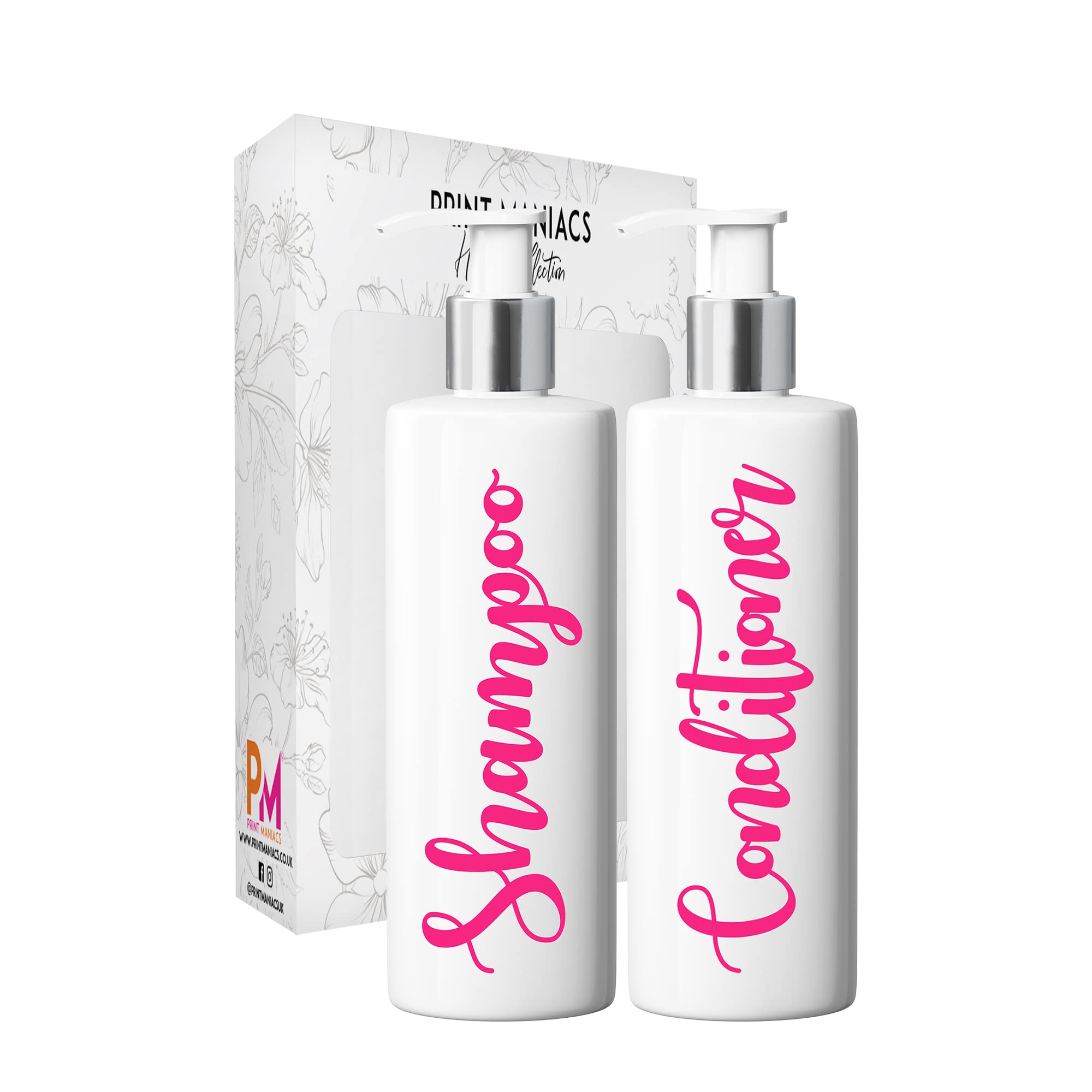 Print Maniacs 2 Set Mrs Hinch Inspired White Personalised Dispenser Pump Bottles Shampoo Conditioner (Pink)