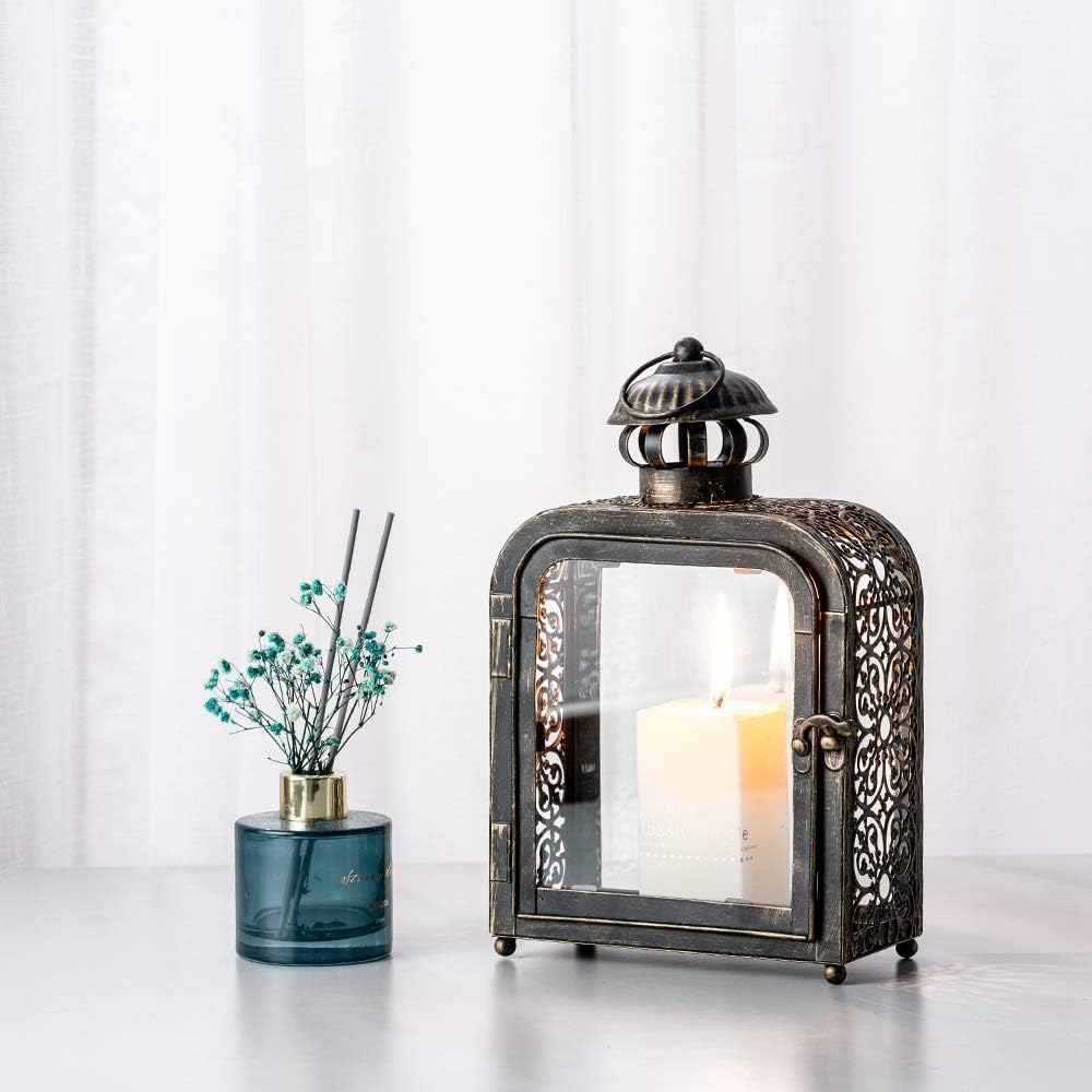 DECORKEY Candle Lantern, Vintage Decorative Hanging Lantern, Metal Tabletop Lantern for Home Outdoor Patio Decor, Candle Holders with Clear Glass (Bronze): Kitchen & Dining
